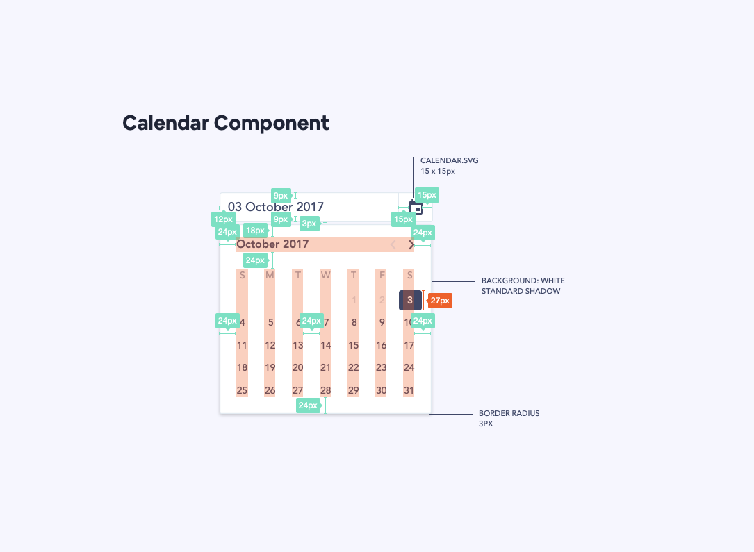 Example of visual specs added to a calendar component