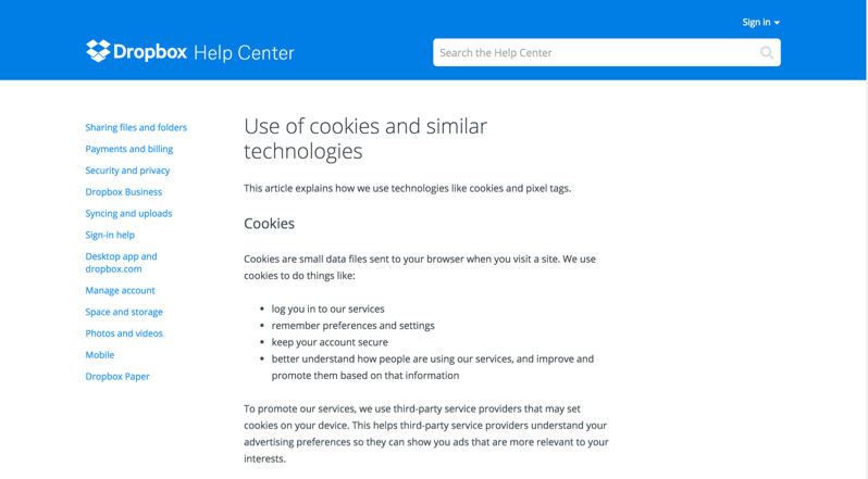 Dropbox cookies message